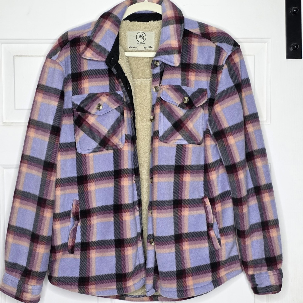 Sage Collective Jacket Womens Size S Purple Plaid Fleece Sherpa Lining Button Up
